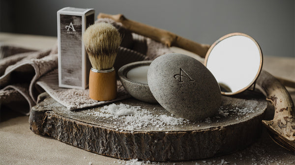 Lochranza Shave Stone, with shave soap and traditional hand held bristle brush 