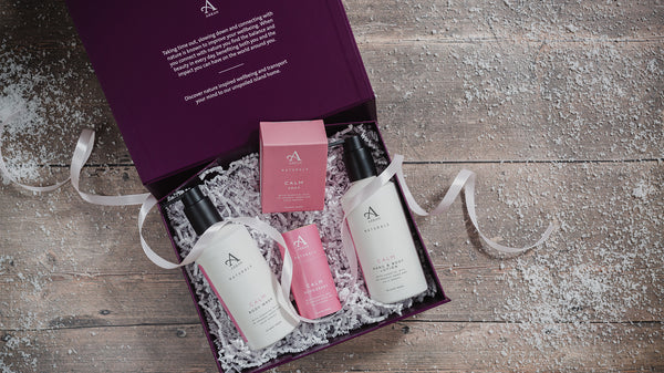 Purple ARRAN gift box filled with Calm products