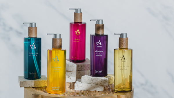 Collection of colourful Hand Wash bottles from ARRAN Sense of Scotland