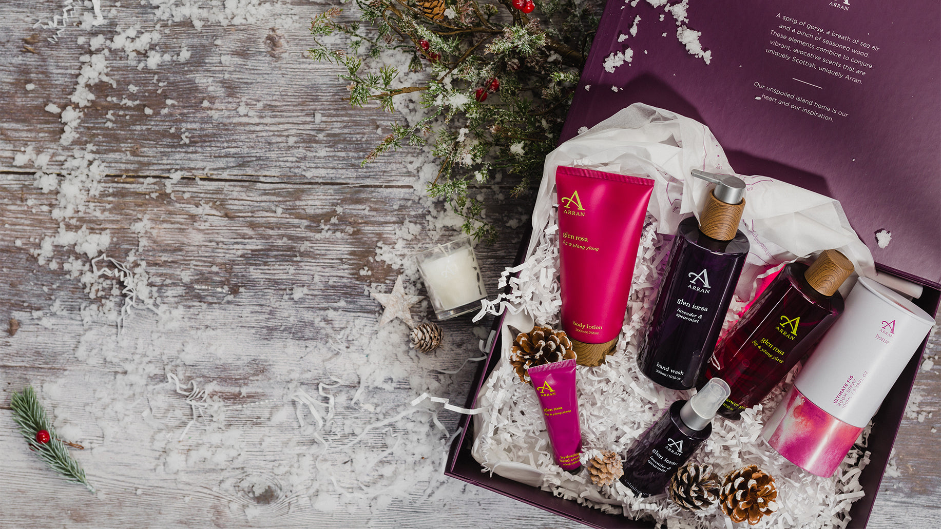 Glen Rosa & Ultimate Fig products in purple gift box, ready to be gifted for Christmas