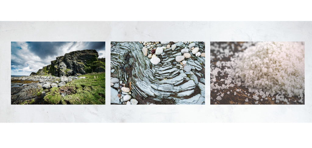 Three images of Machrie shores on the Isle of Arran, pebbles on a beach and sea salt.