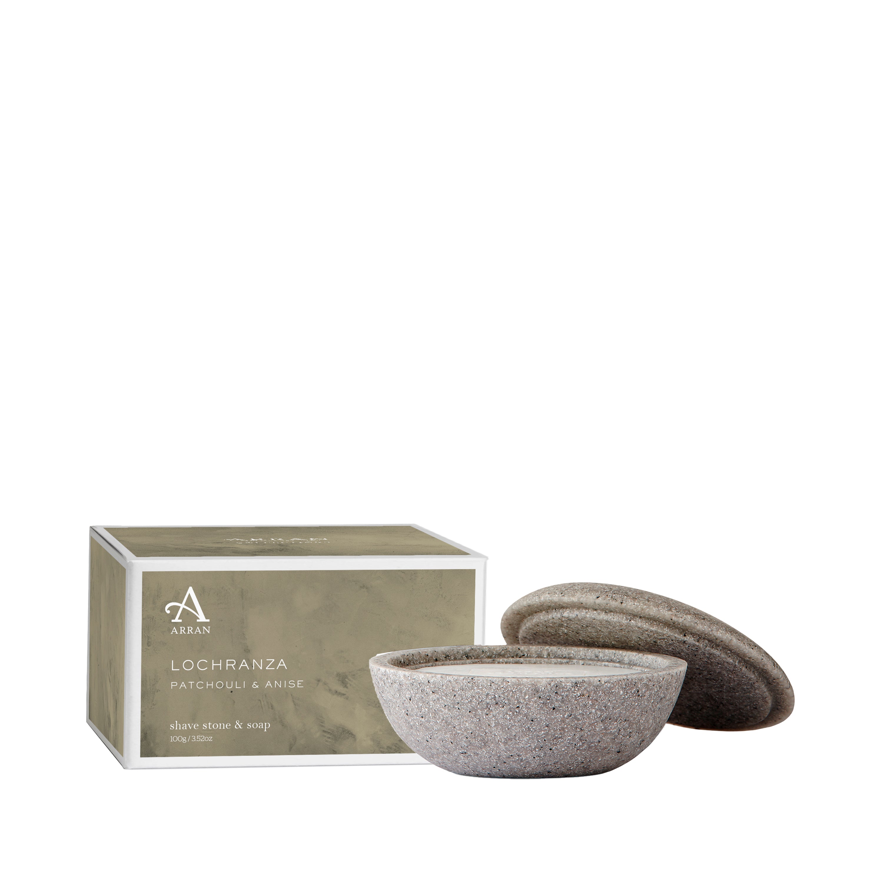 An image of ARRAN Lochranza Men's Shave Stone & Soap Bar 100g | Made in Scotland | Patchouli...