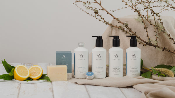 ARRAN Naturals Mindful Collection with blue packaging, sounded by lichen and lemon