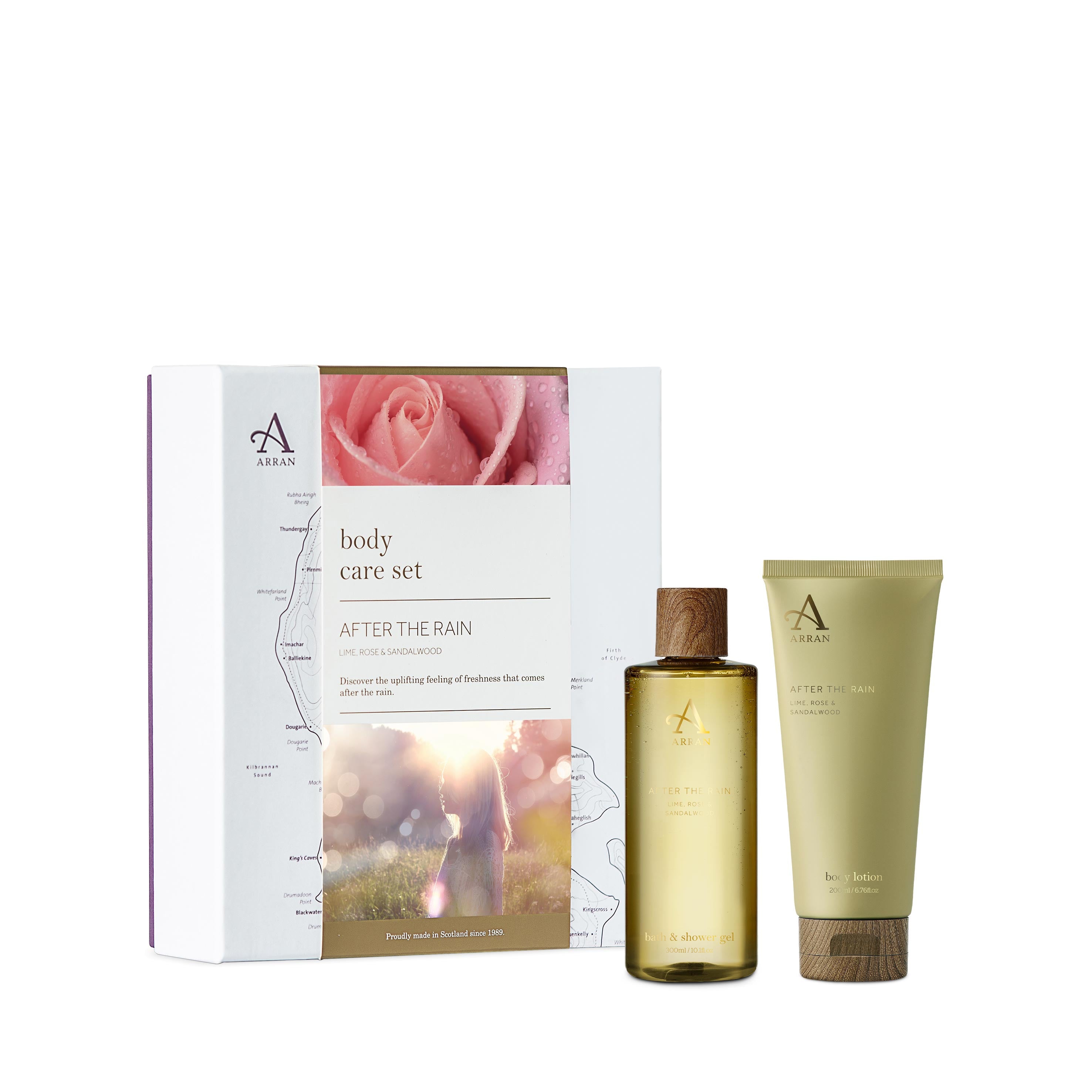 An image of ARRAN After The Rain Body Care Gift Set | Made in Scotland | Lime, Rose & Sandal...