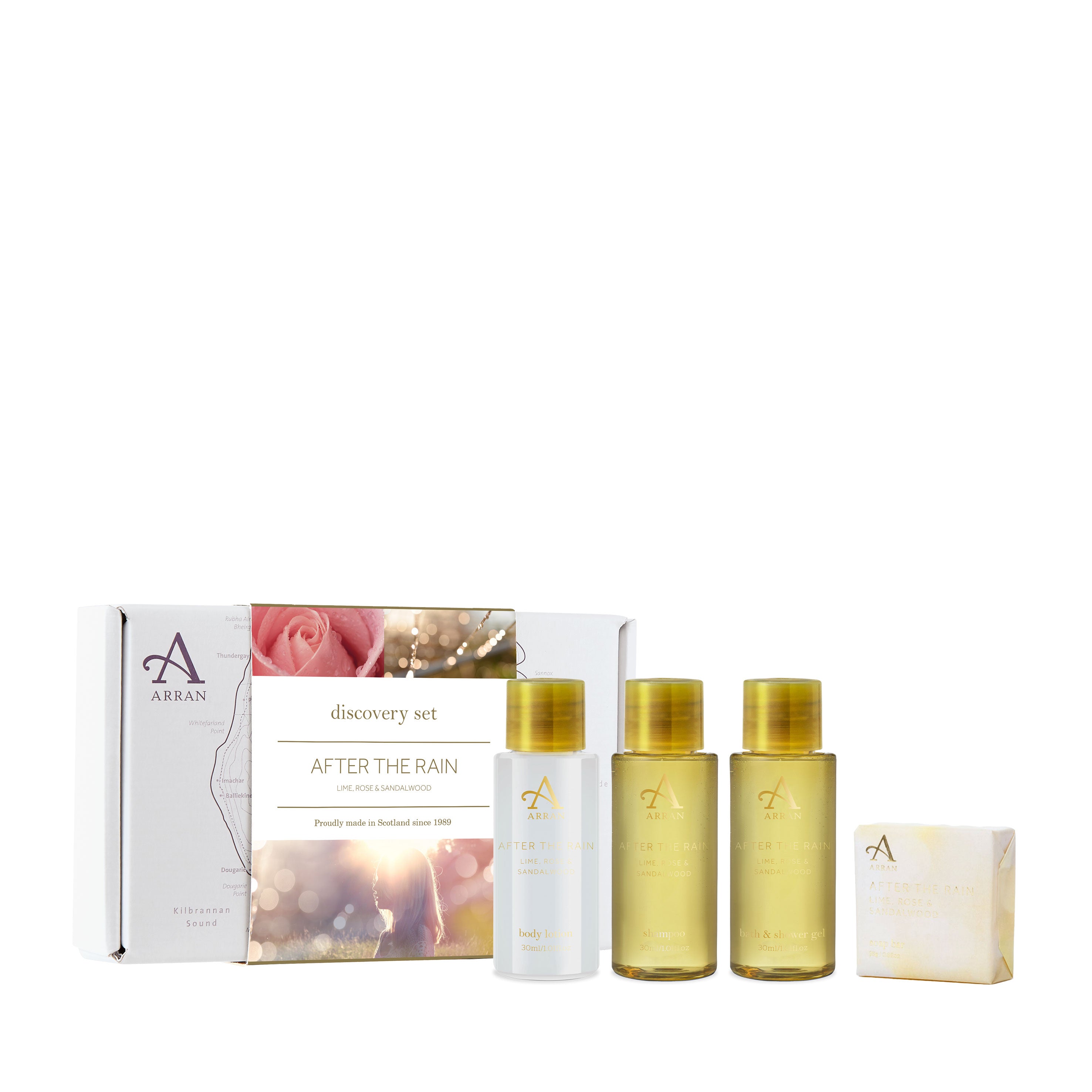An image of ARRAN After the Rain Travel-Size Toiletries Set | Made in Scotland | Lime, Rose ...
