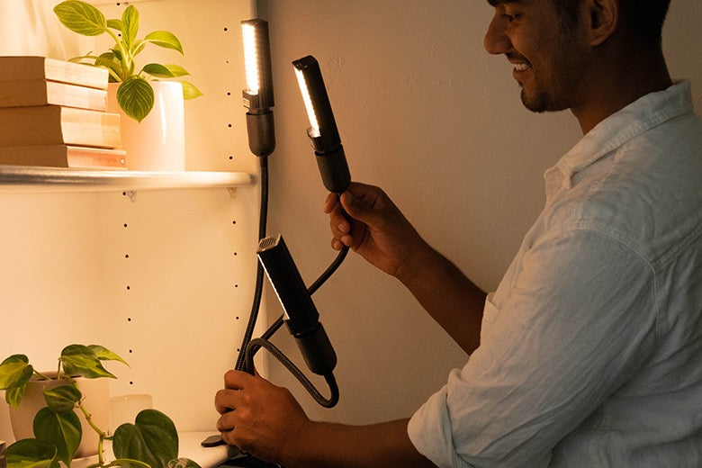 clip of hydroponic led grow light attached to shelf and man moving lights to reach plants