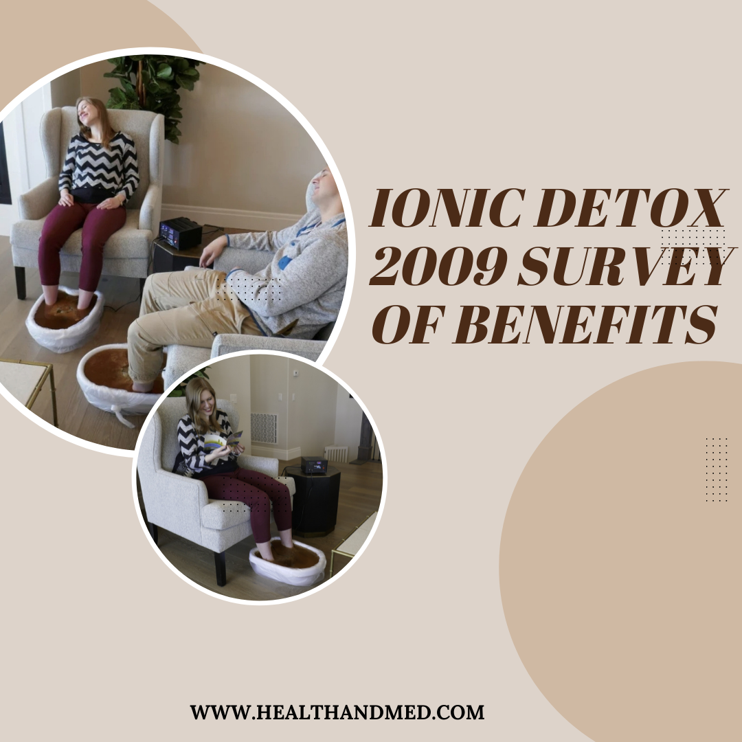 2 Pictures from different angles of a couple participating in Ionic Foot Detox with text reading Ionix Detox 2009 Survey of Benefits