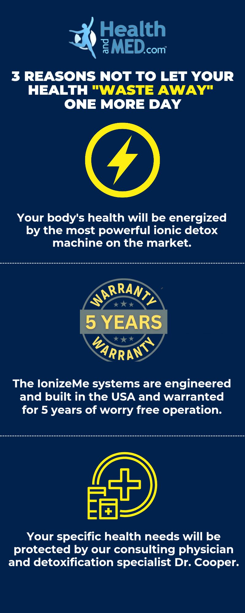 3 Reasons Not to Let Your Health Waste Away One More Day; Most Powerful Ionic Detox Machine, 5 Year Warranty, Consultation with Doctor