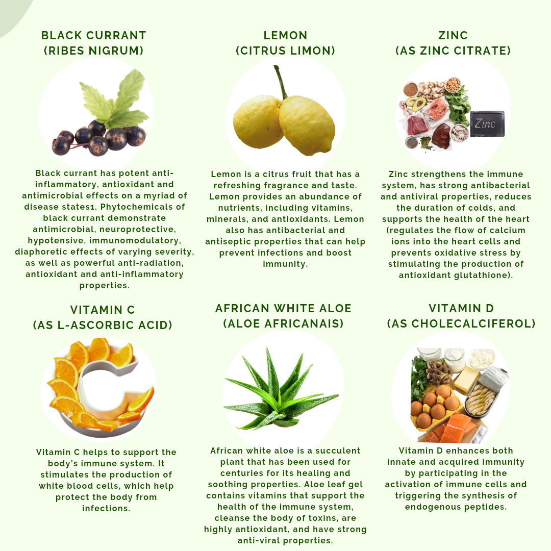 Some Ingredients for AIR by APLGO. These include: Black Currant, Lemon, Zinc, Vitamin C, African White Aloe and Vitamin D