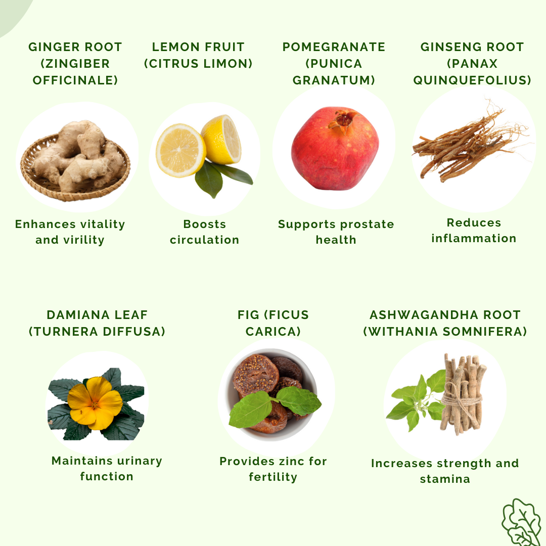 Ingredients for PWR-Lemon by APLGO.  These include: Ginger Root, Lemon Fruit, Pomegranate, Ginseng Root, Damiana Leaf, Fig and Ashwaganda Root
