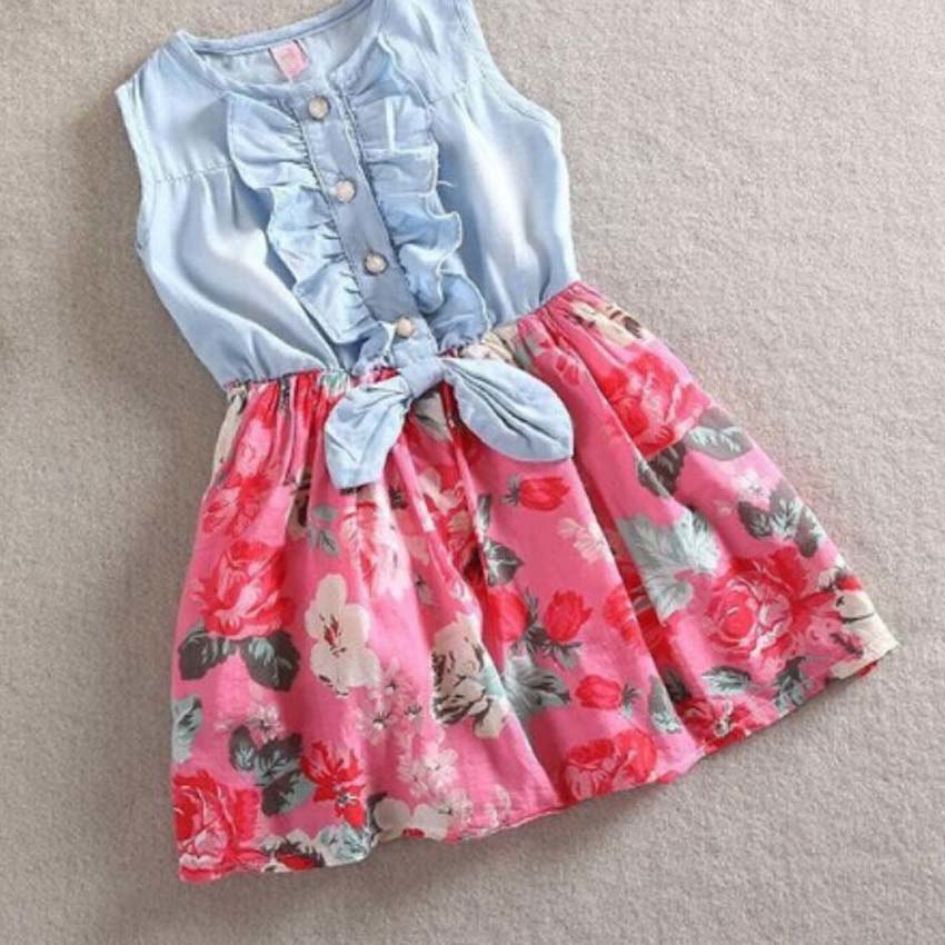 Baby Girls Dress Floral Denim Patchwork Dress Princess Cute Mini Summe ...