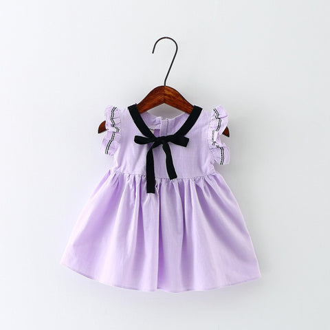Preppy Summer Baby Girl Dress with Bow Ruffle Sleeve Infant Dresses Co ...