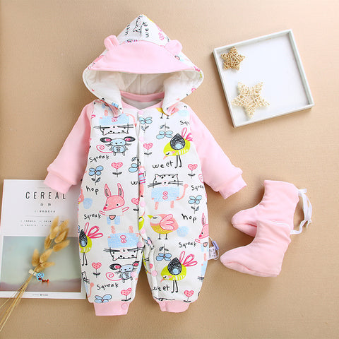 winter Baby Rompers Cotton Cartoon Hooded Thick Newborn Baby Girl Warm ...