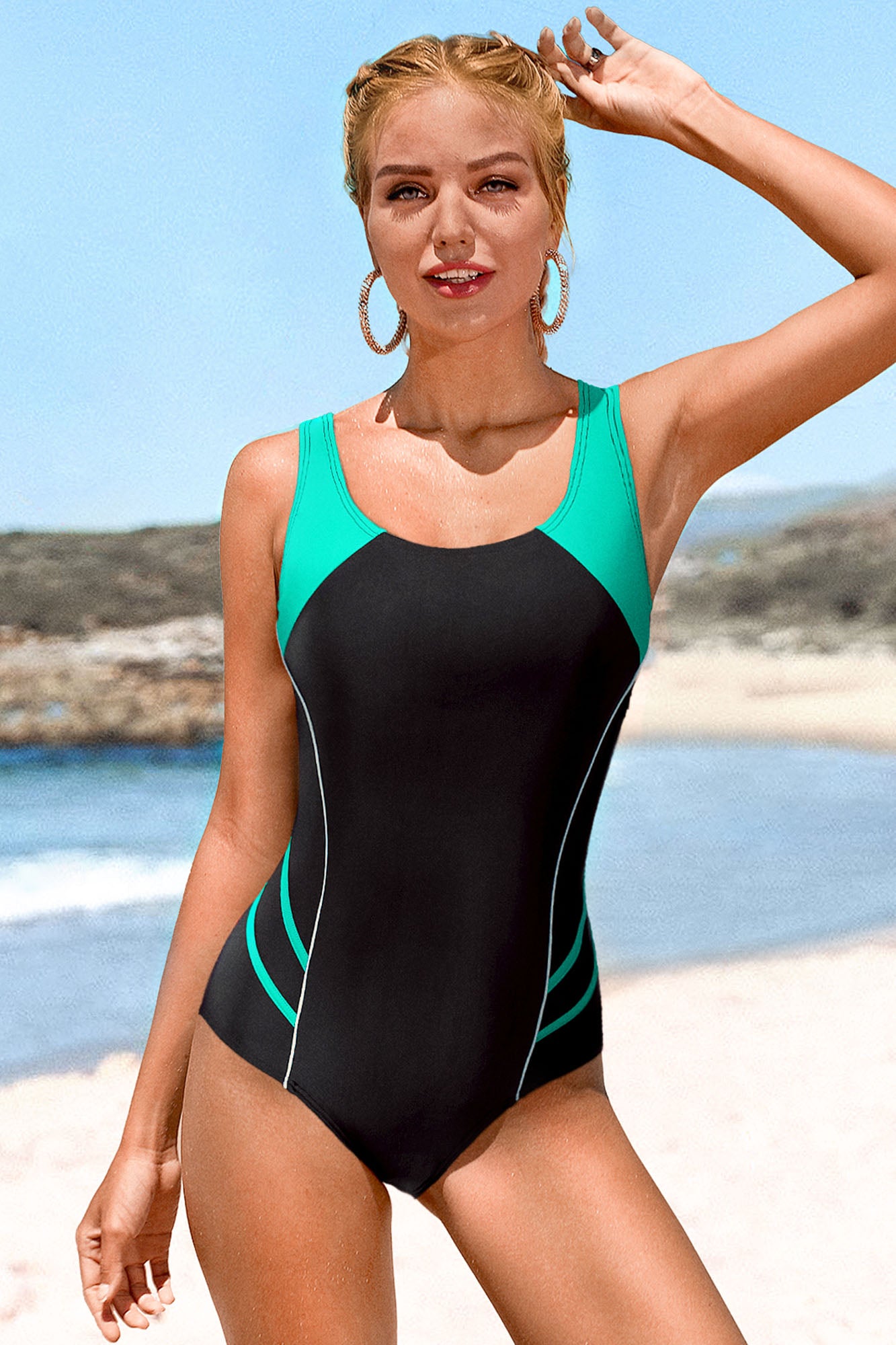Attraco Turquoise Women's Colorblock Slimming One Piece Swimsuit