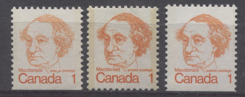 Three shades of orange on the 1c Macdonald stamp from the 1972-1978 Caricature Issue of Canada