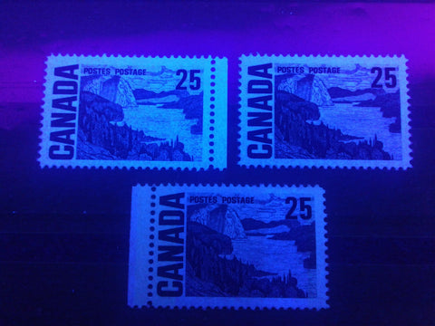 Hibrite, High fluorescent and Medium fluorescent papers on Canada #465, 25c Solemn Land definitive from the 1967-1973 Centennial Issue