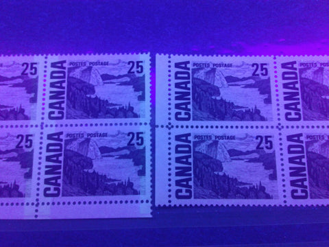 DF paper with the ivory grey colour under UV, as seen on Canada #465, the 25c Solemn Land definitive from the 1967-1973 Centennial Issue