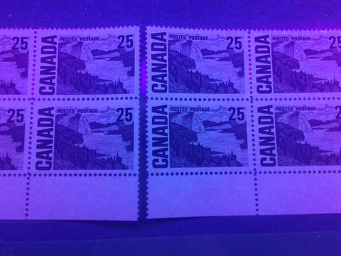 Dull fluorescent greyish paper with and without fluorescent fibres, as seen on Canada #465, 25c Solemn Land definitive from the 1967-1973 Centennial Issue