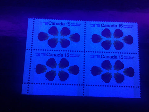 The Winnipeg tagging on the 1971 Radio Canada International stamp as seen under UV light