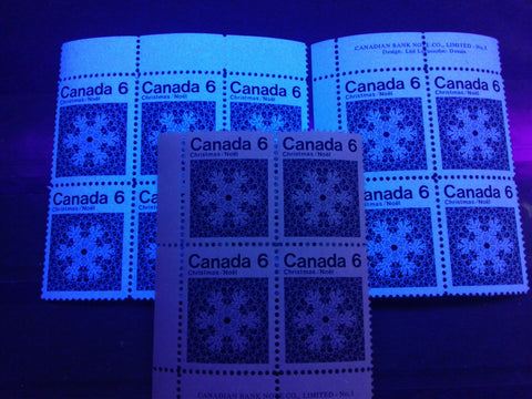 The hibrite, high fluorescent and dull paper on the 1971 6c Christmas stamp of Canada