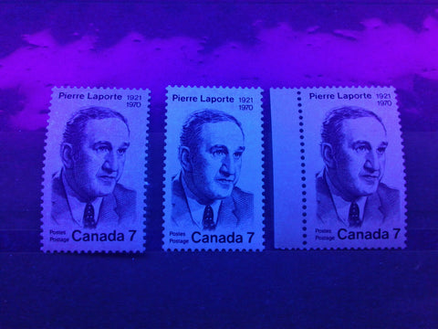 Three variations of fluorescent paper on the 1971 Pierre Laporte stamp of Canada