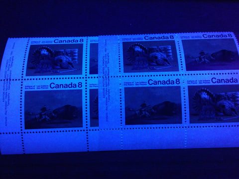 High fluorescent and medium fluorescent paper on the 1972 Plains Indians stamps of Canada