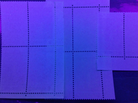 Three varieties of dull fluorescent paper on the 1972 Plains Indians stamp of Canada as seen from the back