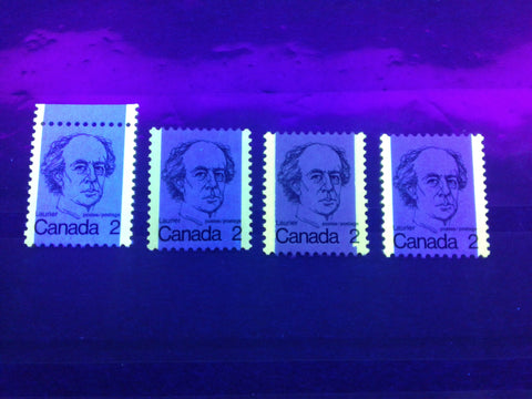 Different levels of fluorescence on the 2c Laurier stamp from the 1972-1978 Caricature Issue of Canada