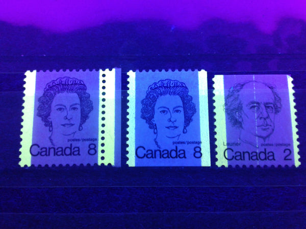 Tagging Bars as seen on BABN printings of the 2c Laurier and 8c Queen stamps of the 1972-1978 Caricature Issue of Canada