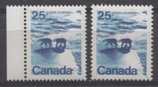 Two shades of the 25c Type 2 Polar Bears stamp from the 1972-1978 Caricature Issue of Canada