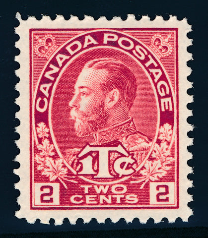 The 2c +1c rose red King George V war tax stamp from the 1911-1928 Admiral Issue of Canada