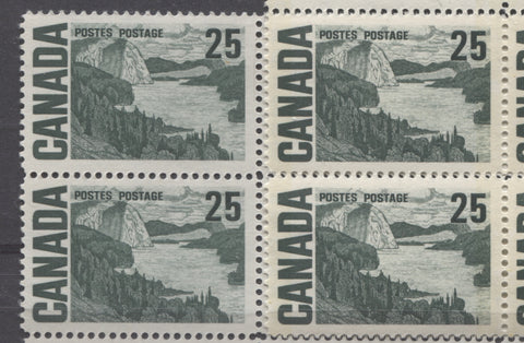 Comparison of bottle green and deep grey green on Canada #465, 25c Solemn Land definitive from the 1967-1973 Centennial Issue