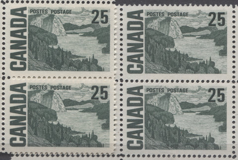 Comparison of the bottle green and myrtle green shades on Canada #465, the 25c Solemn Land definitive from the 1967-73 Centennial Issue