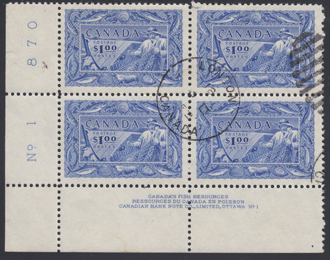 Used plate block of the $1 ultramarine Fisheries stamp from the 1950-1956 Natural Resources Issue of Canada