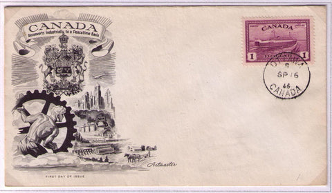 Artmaster First day cover of the $1 Train Ferry stamp From the 1946-51 Peace Issue of Canada
