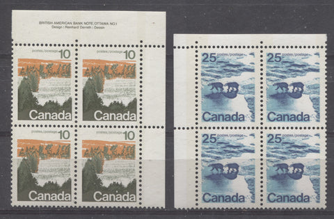 Plate block of the 10c forests stamp and corner block of the 25c Polar Bears stamp of the 1972-78 Caricatire Issue