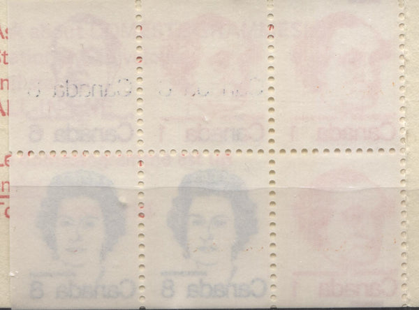 25c Booklet pane from the 1972-78 Caricature issue of Canada showing partial reverse offset of the ultramarine inscriptions