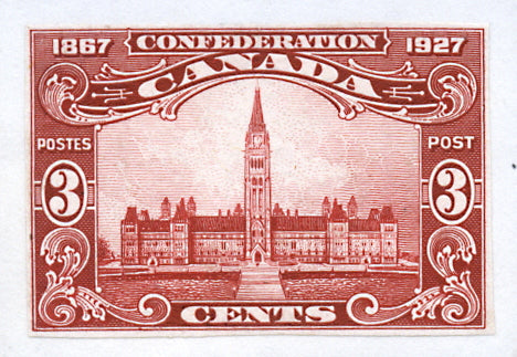3c Brown Carmine Parliament Buildings proof from the 1927 Confederation Issue of Canada