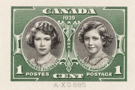 1c black and green die proof of the 1939 Royal Visit issue