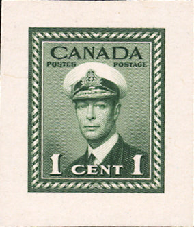 Plate proof of the 1c green King George V stamp from the 1942-1949 War Issue of Canada
