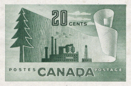 Plate proof of the 20c Newsprint Industry stamp from the 1950-1956 Natural Resources Issue of Canada