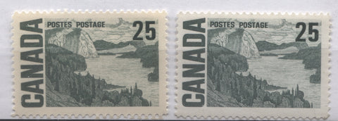 Cream versus white papers on Canada #465, the 25c Solemn Land definitive from the 1967-1973 Centennial Issue
