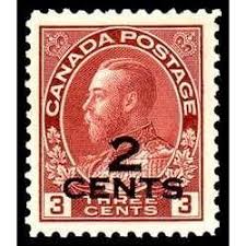 The 2 line 2c on 3c Surcharged Stamp from the 1926 Surcharged Admiral Issue of Canada
