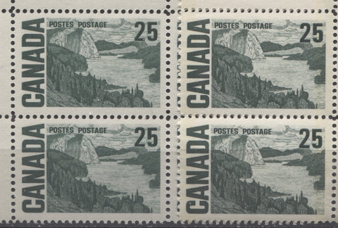 Myrtle green and deep grey green shades on Canada #465, 25c Solemn Land definitive from the 1967-1973 Centennial Issue