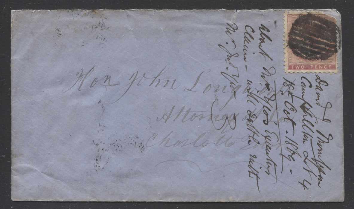 Lot 59 Prince Edward Island #5g 2d Rose Perf. 11.75 x 11.75 x 11.3 x 11.75 Die 1 Single Usage on October 22, 1869 Cover to John Longworth, Esq., in Charlottetown