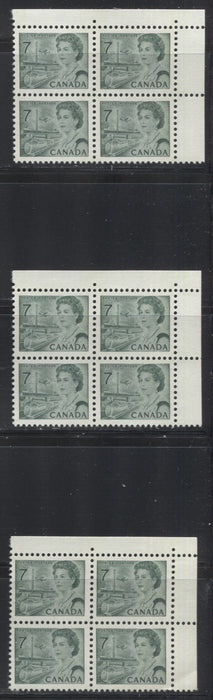 Lot 140 Canada #543p 7c Deep Emerald Green Queen Elizabeth II, 1967-1973 Centennial Issue, Three VFNH  UR W2B Tagged Field Stock Blocks of 4 On DF Grayish, Bluish White & Grayish White Paper With Dex Gum, Perf 12.5 x 12