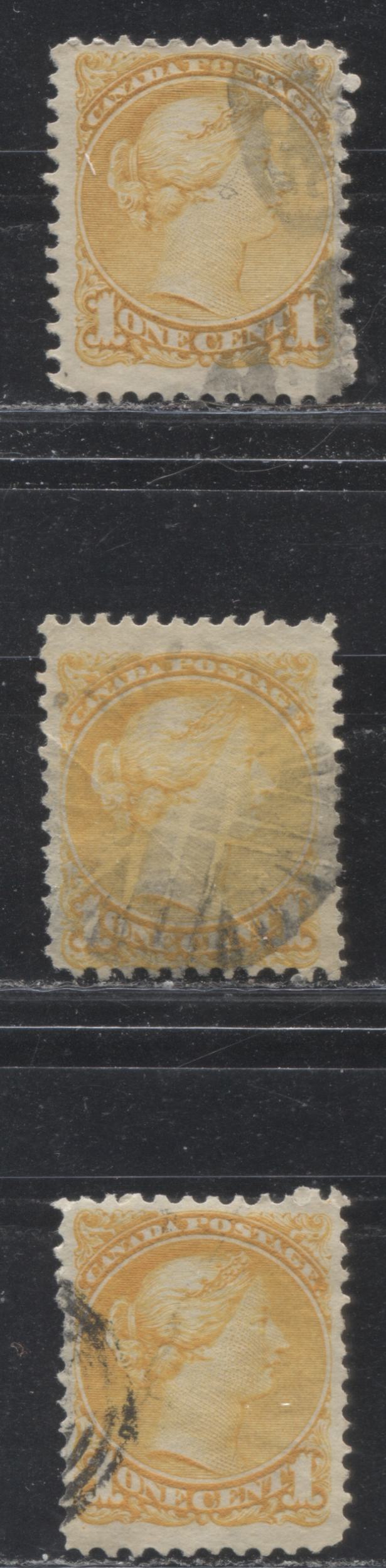 Lot 150 Canada #35iii,vii 1c Yellow, Bright Yellow & Lemon Yellow Queen Victoria, 1870-1897 Small Queen Issue, Three Fine Used Singles On Horizontal Wove Paper, Perfs 11.7 x 11.8, 11.6 x 12 & 11.6 x 11.95