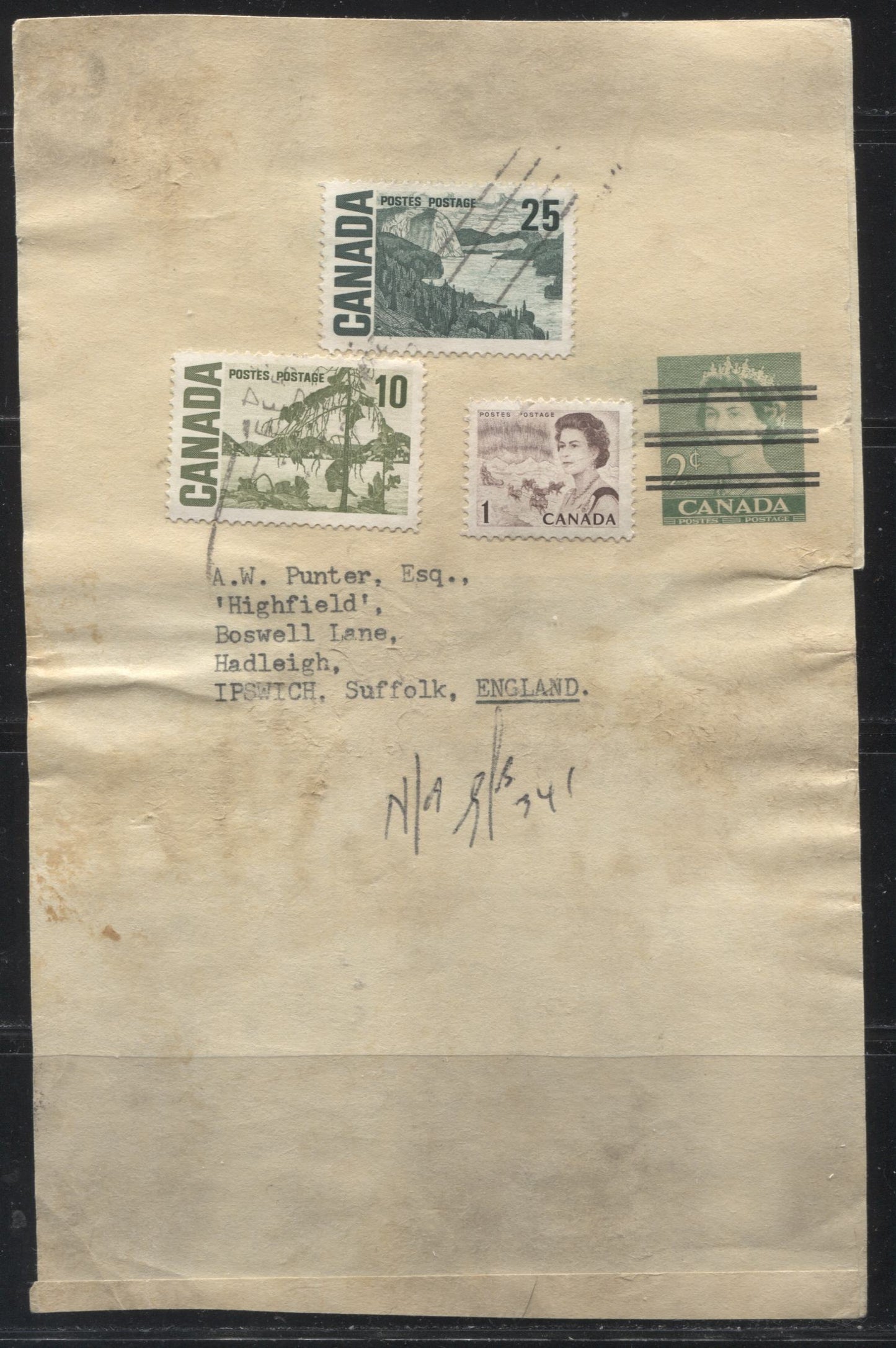 Lot 153 Canada #454, 462, 465 1c Brown, 10c Olive Green & 25c Slate Green, Northern Lights, Jack Pine & Solemn Land, 1967-1973 Centennial Issue, Combination Use on Precancelled Karsh Issue Wrapper