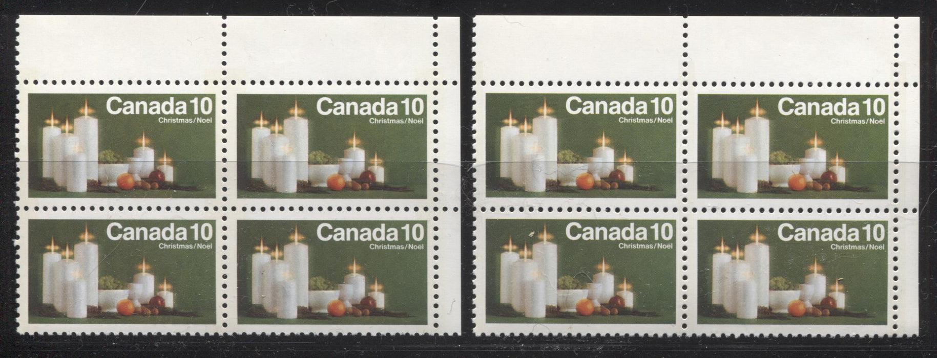 Lot 241 Canada #606pi/609pi 6c-15c Multicoloured Candles and Fruit, 1972 Christmas Issue, 10 Mostly All VFNH Winnipeg and Ottawa Tagged UR Corner Blocks Of 4 With Various Paper Fluorescences, Smooth & Ribbed Papers