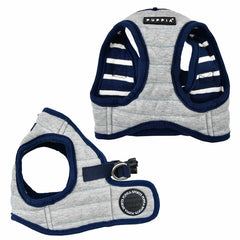 Image shows an unworn puppia dog harness in style B called mischief. The harness is a medium grey sweatshirt style material with navy blue trim for the edges.